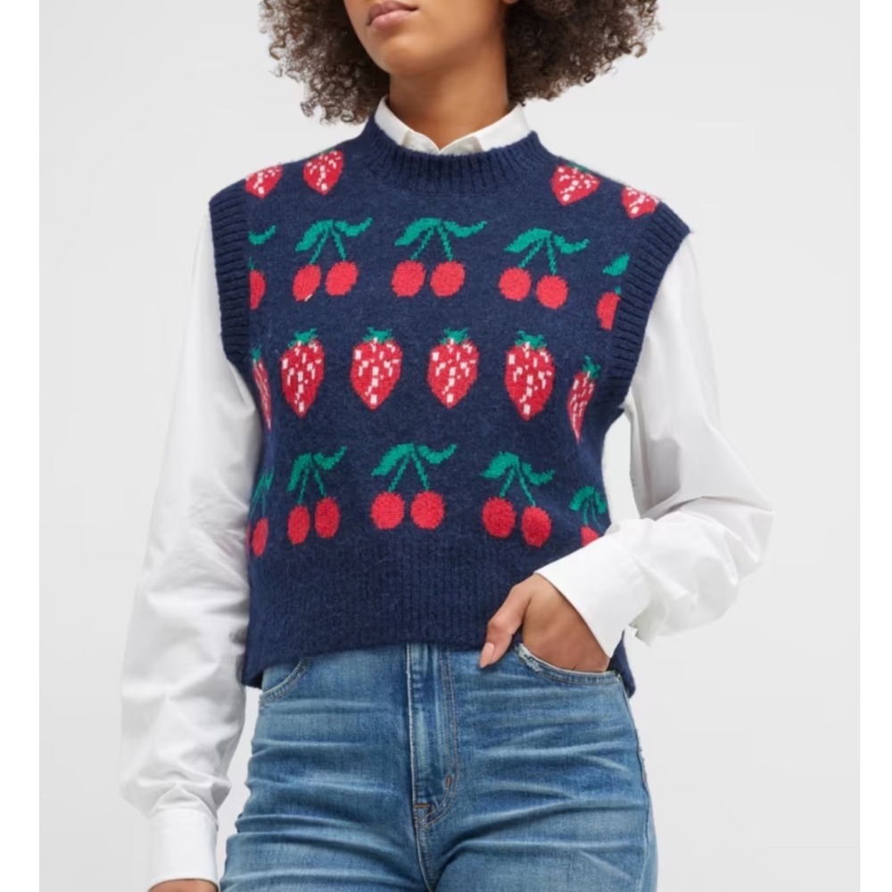 Rails Libby Navy Blue Fruit Intarsia Knit Sweater Vest Strawberry Cherry XL